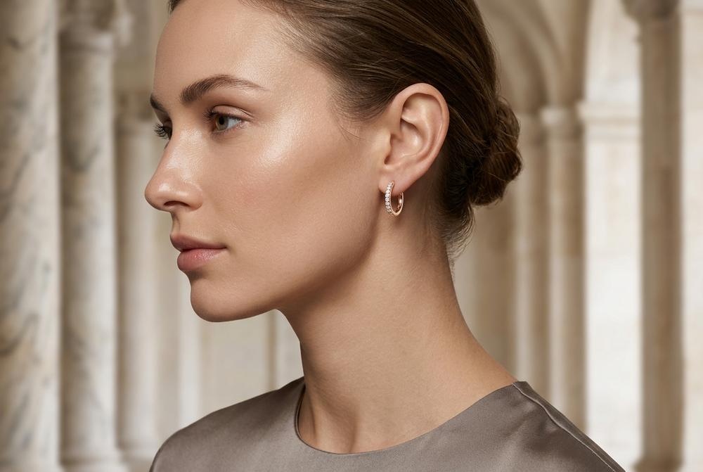 Creolen mit Zirkonia, 14mm - 925 Silber, rosé vergoldet 14mm