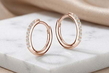 Creolen mit Zirkonia, 14mm - 925 Silber,  rosé vergoldet 14mm