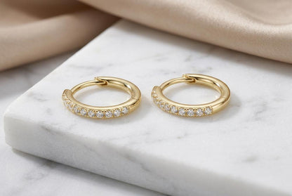 Creolen mit Zirkonia 14mm - 925 Silber, vergoldet 14mm