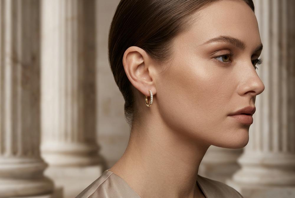 Creolen mit Zirkonia 14mm - 925 Silber, vergoldet 14mm