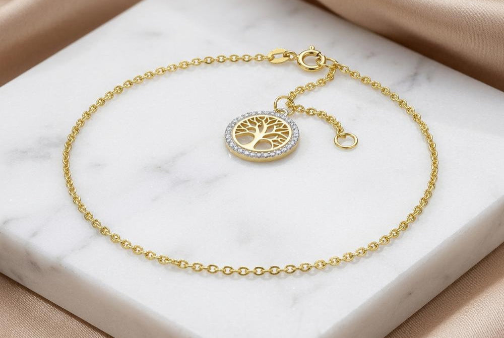 Fußkette Erbse 1,8mm mit Lebensbaum | 585 Gold