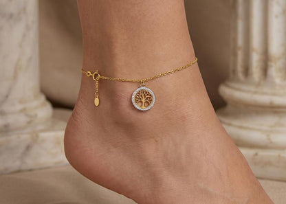 Fußkette Erbse 1,8mm mit Lebensbaum | 585 Gold